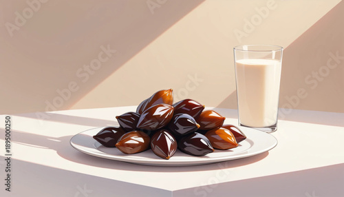 A clean minimalist poster scene featuring one plate of dates (kurma) with a clear glass of fresh milk placed beside it, smooth plain background