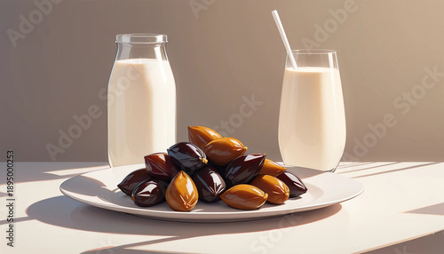 A clean minimalist poster scene featuring one plate of dates (kurma) with a clear glass of fresh milk placed beside it, smooth plain background