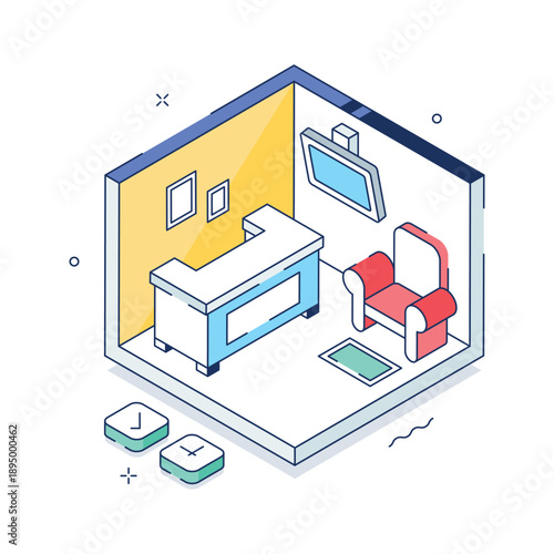 A beautifully designed isometric illustration of corporate office space