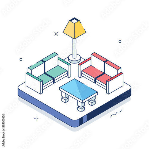 A sleek isometric illustration depicting office waiting room interior