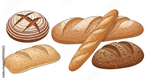 Rustic Assortment of Freshly Baked Baguette, Sourdough, and Dark Bread Loaves on Isolated White Background