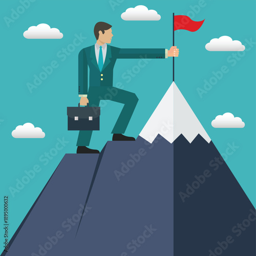 Motivated entrepreneur standing summit flag success business illustration concept vector
