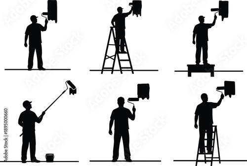Professional house painter silhouettes set featuring construction workers using rollers, ladders, and tools for home renovation and interior wall painting vector design.