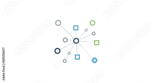 Abstract network structure with interconnected geometric points and lines in blue and green on an isolated white background
