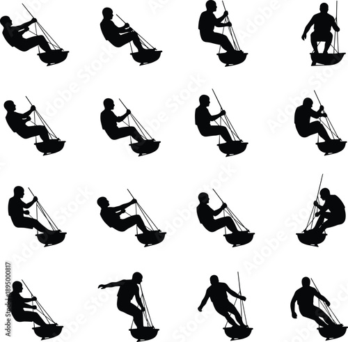 Sailing dinghy maneuver silhouettes showing sailor motion sequence action training isolated on white background water sports vector illustration set collection design series