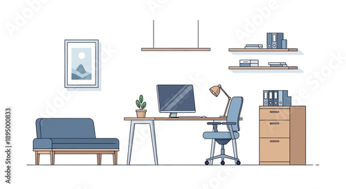 Minimalist home office interior with a modern desk, computer, ergonomic chair, and comfortable sofa in a bright studio