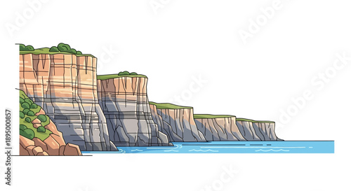 Stunning coastal cliffs and ocean landscape under a clear sky on an isolated white background