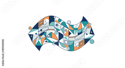 Abstract geometric pattern in a wave shape with interconnected shapes and vibrant colors, isolated white background.