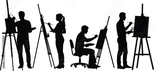 Set of professional artist silhouettes featuring painters working on canvas with easels, brushes, and palettes for creative studio art class vector design elements