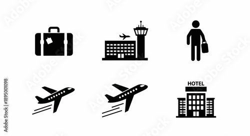 Collection of travel and transportation icons including suitcase airplane hotel and airport.