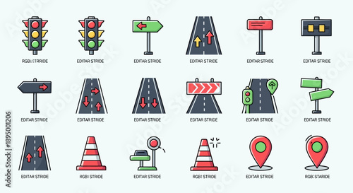 Collection of traffic and road signs icons for navigation and safety.