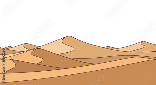Expansive natural desert landscape with rolling sand dunes under a clear sky, outdoors.