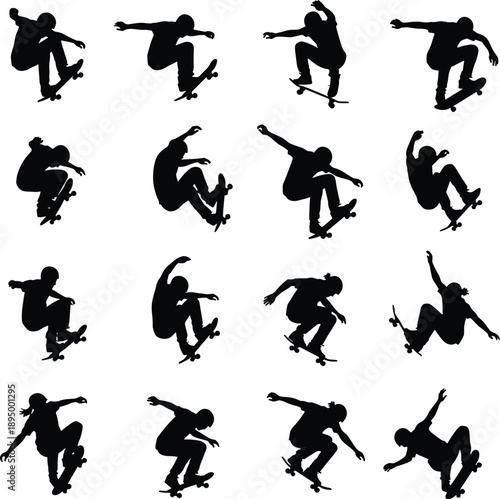 Skateboarding aerial trick silhouettes showing skater jump motion sequence isolated on white background extreme urban sports vector illustration set collection design pack