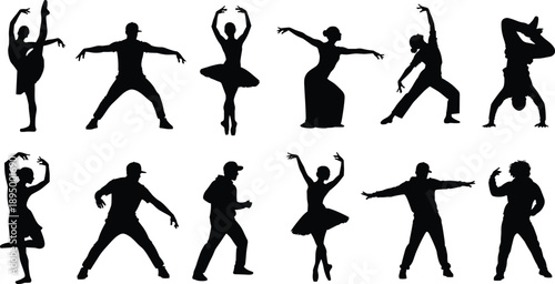 Set of professional dancer silhouettes featuring ballet, hip hop, and contemporary performers in dynamic artistic poses for stage show and theater vector design.