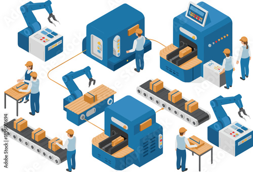 Isometric smart factory automation vector illustration showing robotic arms conveyor belts packaging machines workers modern industrial production line system