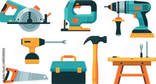 Isometric woodworking power tools and hand tools vector set with drill saw jigsaw hammer toolbox workbench isolated illustration