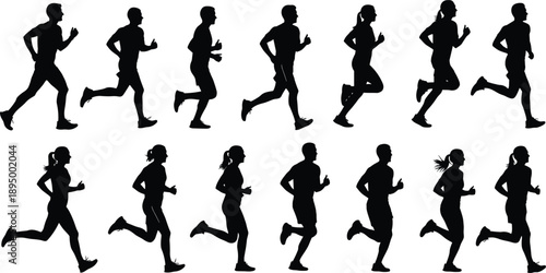 Set of professional runner silhouettes featuring male and female athletes jogging, sprinting, and training for marathon fitness, healthy lifestyle, and sports vector design.