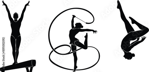 Set of professional gymnastics silhouettes featuring female athletes performing on balance beam, rhythmic ribbon dance, and acrobatic floor routines for sports vector design.