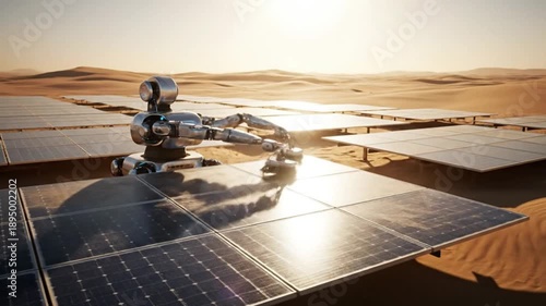 Futuristic robot cleaning solar panels in a vast desert landscape at sunset, representing renewable energy, automation, and sustainable technology.