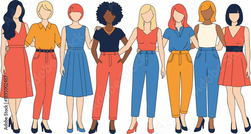 Flat vector illustration of a diverse group of modern women standing together in fashionable outfits for female empowerment and sisterhood concept.