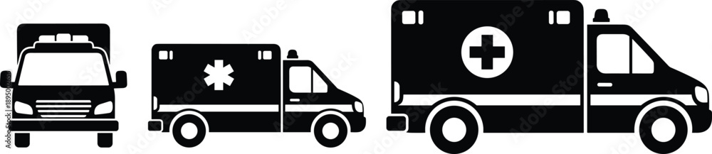 Obraz premium Ambulance vehicle icon set, emergency medical service transportation, healthcare rescue truck silhouette collection, black white vector illustration design for web