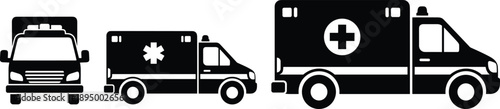Ambulance vehicle icon set, emergency medical service transportation, healthcare rescue truck silhouette collection, black white vector illustration design for web