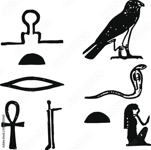 Ancient Egyptian Hieroglyphic Symbols Set Featuring Horus Falcon Cobra Snake Ankh Cross and Goddess Figures Isolated on White Background for History and Culture Design Projects.