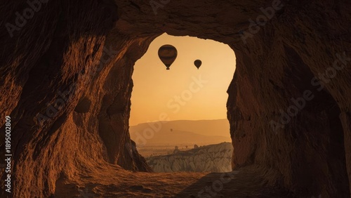 Hot air balloons drift over a rocky canyon at sunset, viewed from inside a dark cave opening. Concept Sunset canyon with hot air balloons seen from a dark cave opening © Anastasiia