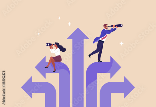 Business Direction. Vector illustration of professionals choosing different paths and looking ahead with binoculars. Concept of strategy, career choice, vision, leadership, and future growth.