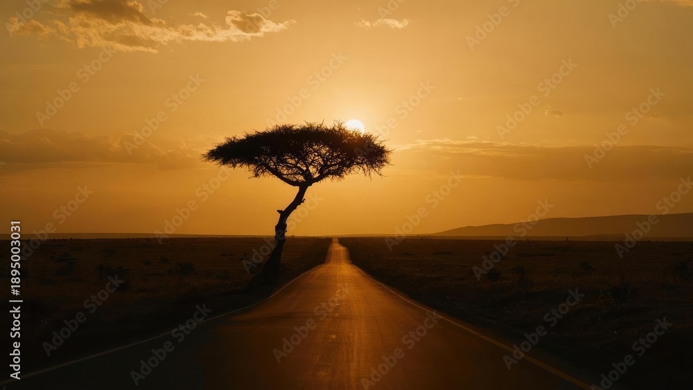 Obraz premium Sunset over a straight road in a desert savanna, a lone, curved tree silhouetted against an orange sky. Concept Desert sunset along a straight road, Silhouetted curved tree at dusk