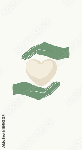 Minimalist illustration of two green hands cradling a beige heart on a cream background with a simple, supportive composition.