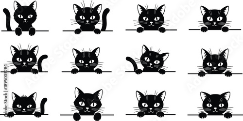 Black cat icons collection, cute feline faces peeking, minimalist animal silhouettes, playful expressions, flat vector illustration set