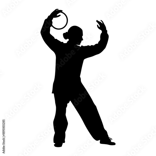 Silhouette of a person performing a tai chi movement with a ring Vector