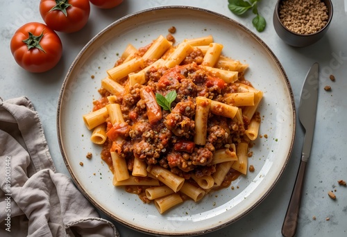 Hearty rigatoni pasta with rich bolognese sauce served on a plate with tomatoes. beef rigatoni