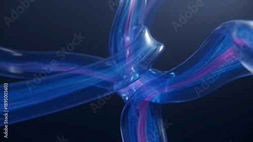 Abstract flowing blue and purple translucent organic tubes intertwining against a dark background with light streaks, representing science, technology, or nature.
