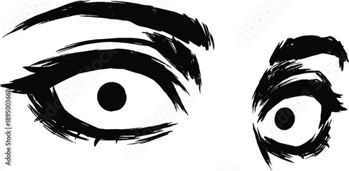 Artistic Black Ink Brush Stroke Illustration of Beautiful Female Eyes with Wide Surprised Expression Bold Eyeliner and Thick Eyebrows Isolated on White Background for Fashion.