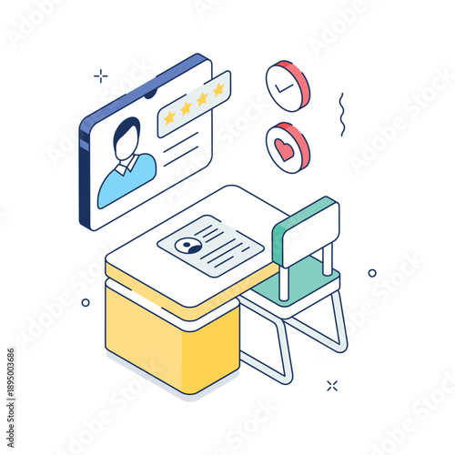 Trendy isometric illustration showcasing online interview process