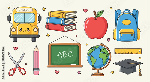 Cute cartoon school supplies and objects collection.