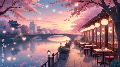 Romantic Valentine Café by the River with Cherry Blossoms at Sunset