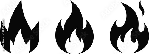 Black fire flame icons set, abstract flame silhouettes, minimal heat symbols, energy danger concepts, isolated on white background