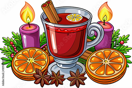 Christmas mulled wine with orange slices, cinnamon sticks, and star anise in a glass, surrounded by candles and festive decorations.