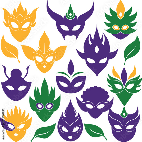 Vibrant mardi gras masks and leaves in purple green and gold colors