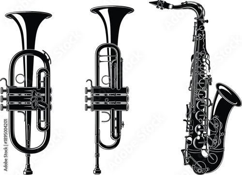 Brass and woodwind instruments silhouettes set, trumpet cornet saxophone illustration, music orchestra jazz concept, black vector isolated on white background
