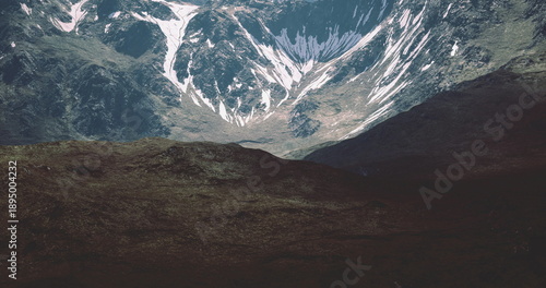 Foto Jagged alpine slope with snow patches, craggy moraine foreground leading to glac