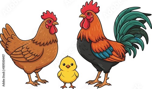 Cartoon chicken family with hen rooster and baby chick for farm animal poultry illustration design