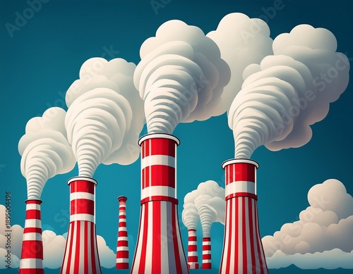 Wallpaper Mural red and white striped smokestacks emit white smoke against a blue background ai Torontodigital.ca