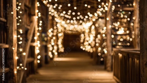 Wallpaper Mural Wooden walkway lined with warm string lights, creating a glowing bokeh tunnel. Concept Warm string lights, Wooden walkway, Bokeh glow, Night photography, Enchanting tunnel Torontodigital.ca