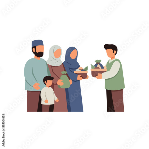 Illustration of a Muslim family receiving food from another man in a simple, flat style with a neutral color palette against a clean white background.
