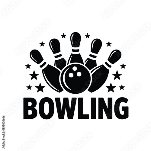 Black bowling ball and pins graphic with stars on white background, fun sports logo design