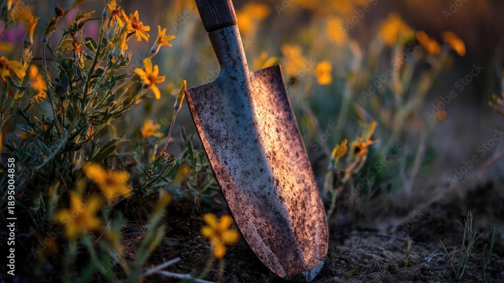 Obraz premium Rusty shovel stuck in soil among yellow wildflowers at sunset. Concept Rusty shovel, Yellow wildflowers, Sunset lighting, Soil texture, Rural scene
